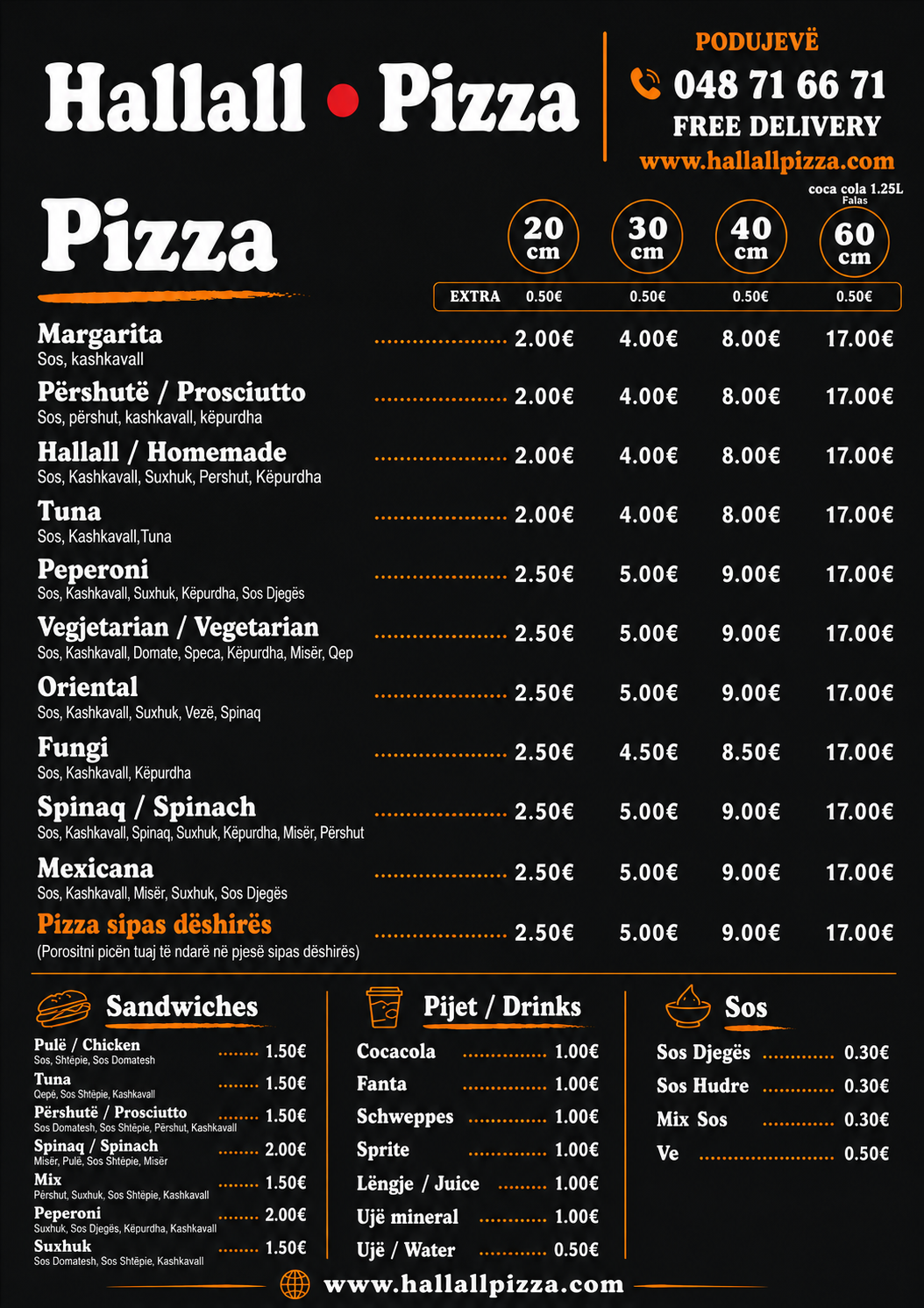 Menuja e përditësuar e Hallall Pizza me çmime